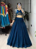 Teal blue georgette foil print lehenga choli with Chanderi koti