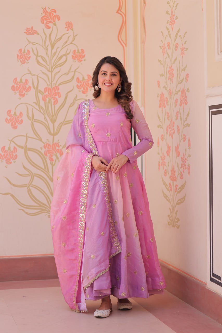 Pink Organza Flair Sequins Zari Embroidery Gown with Dupatta