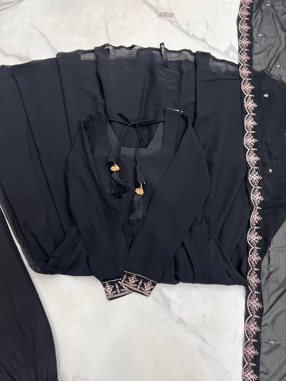 black Anarkali suit in soft Fox Georgette with 6.5-meter flair, beads & zari embroidery, lace sleeves & embroidered dupatta – stitched & ready-to-wear.
