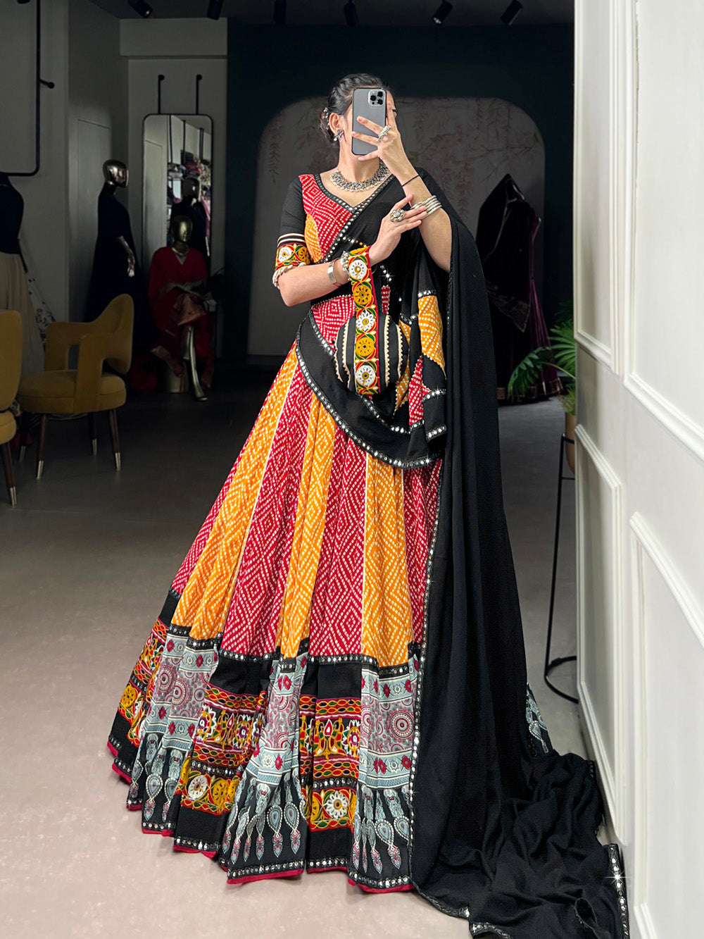 Black-Yellow Pure Rayon Bandhej Ajrakh Gamthi Mirror Work Lehenga Choli