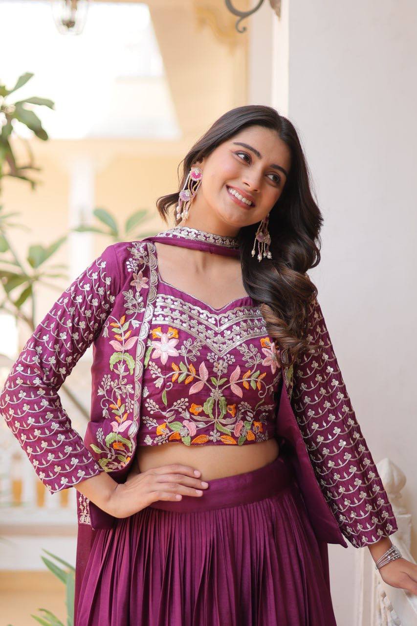 Maanvi purple festive wear embroidered lehenga choli with koti