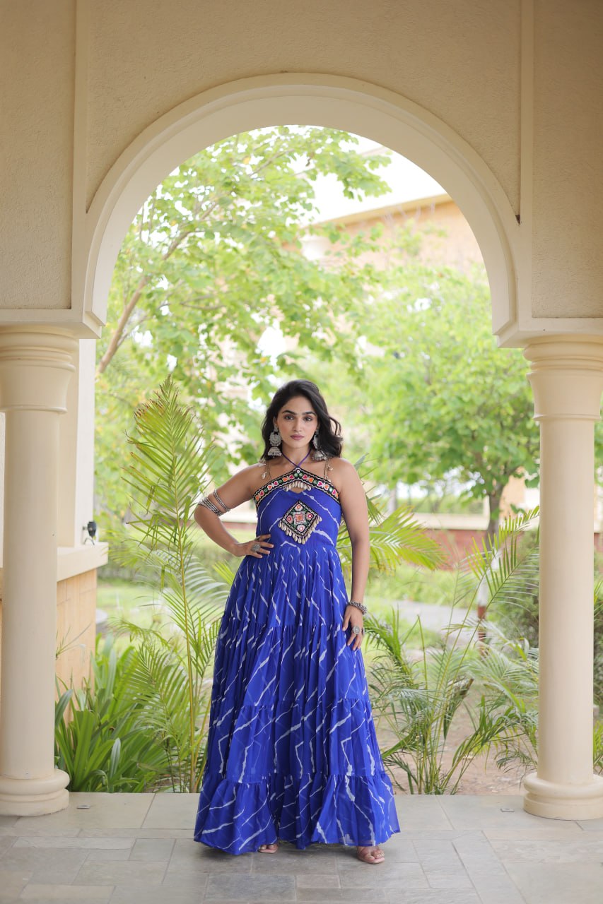 Bhavna Blue Faux Georgette Laheriya Kutchi Patchework Gown