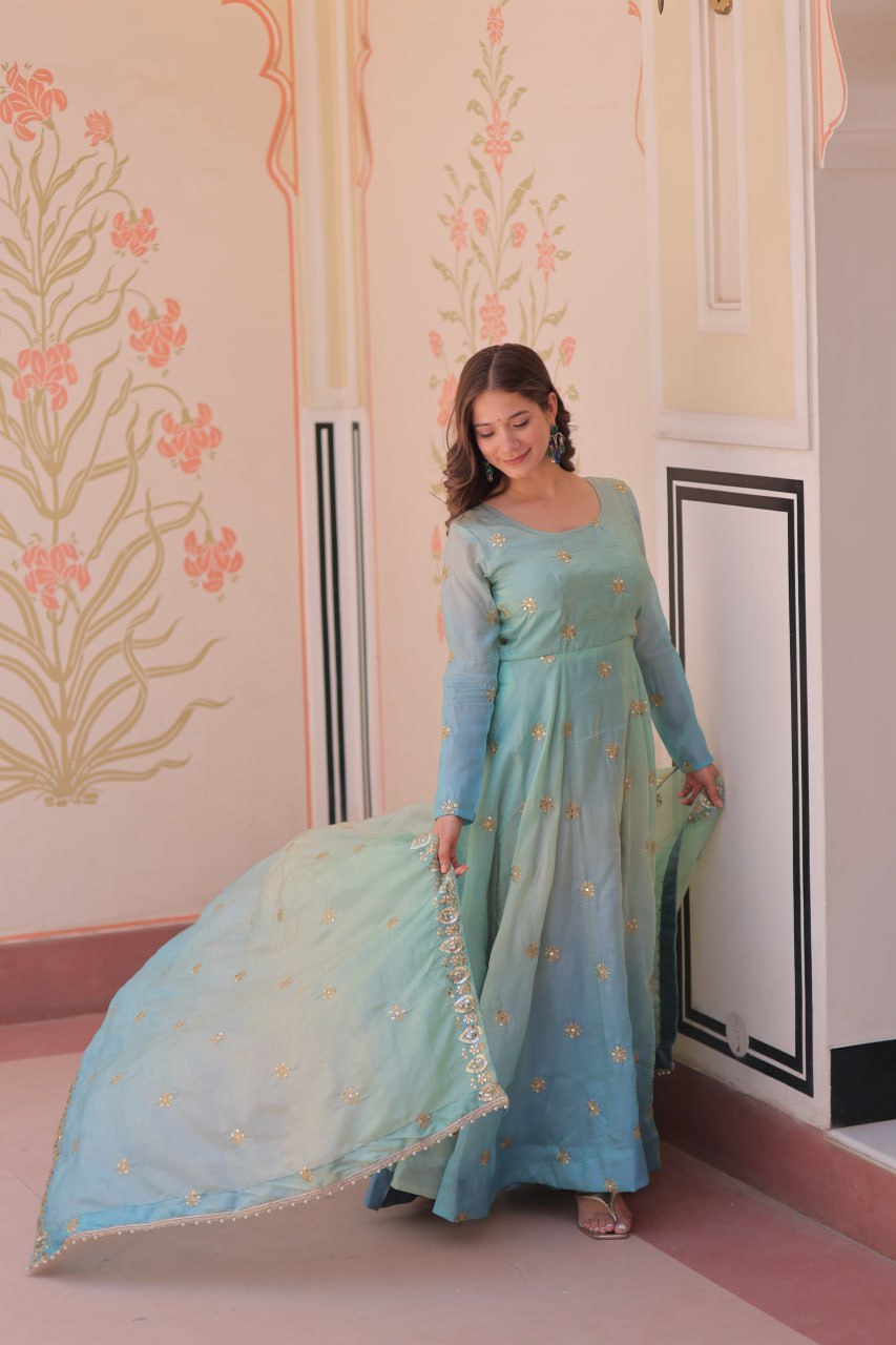 Sky blue organza flair sequins zari embroidery gown with dupatta