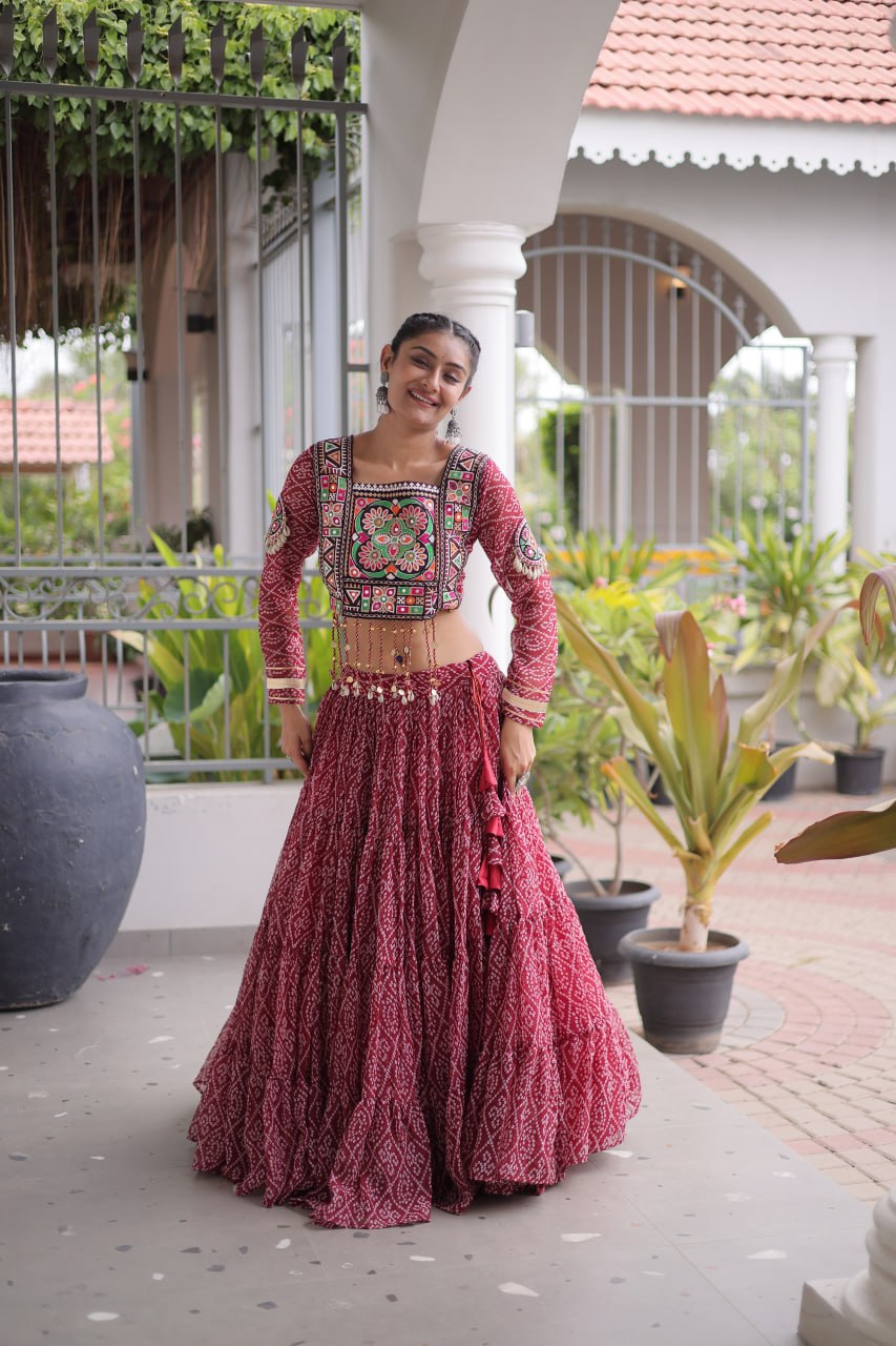 Anjali Brown Faux Georgette Bandhani Kutchi Patchework Lehenga