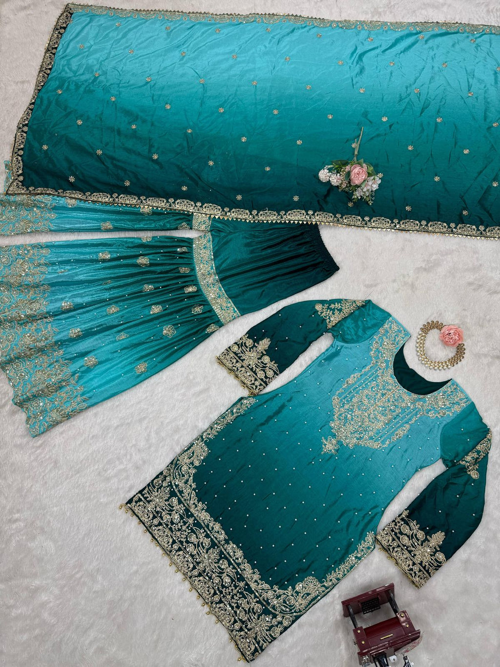 Manvisha Teal Embroidered Sharara Suit Set