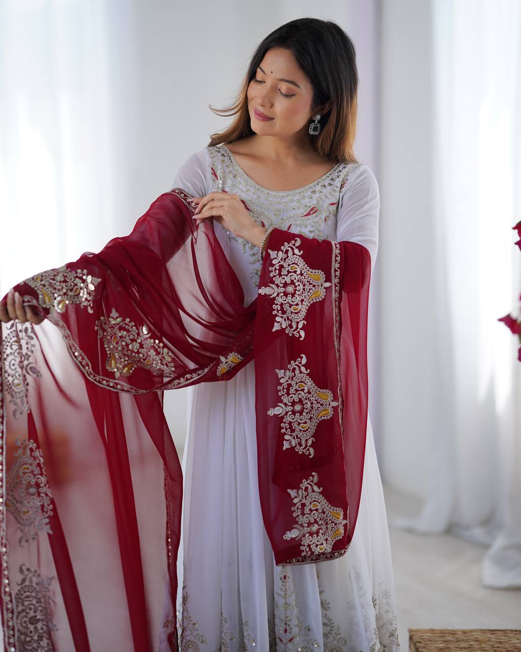 Tejvini White Georgette Embroidered Gown with Dupatta
