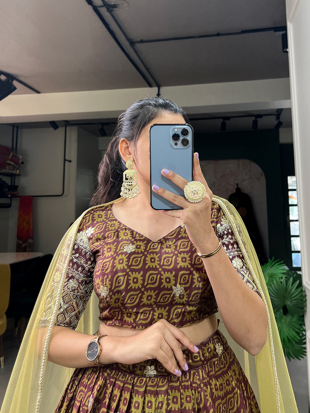 Brown Chinon Lehenga Choli with Digital Print & Embroidery Sequins Work