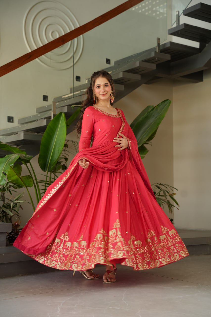 Harvisha Rani Pink Gown Set in premium Chinon Silk with sequin embroidery – ideal Indian ethnic wear for Indian weddings, festive wear, traditional wear, and Indian bride look. Perfect designer gown for online shopping in Indian fashion and clothing trends.