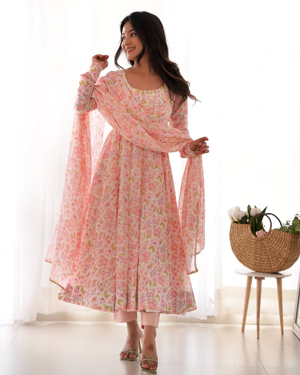 Pink Orange Chiffon Floral Print Anarkali Set with Dupatta