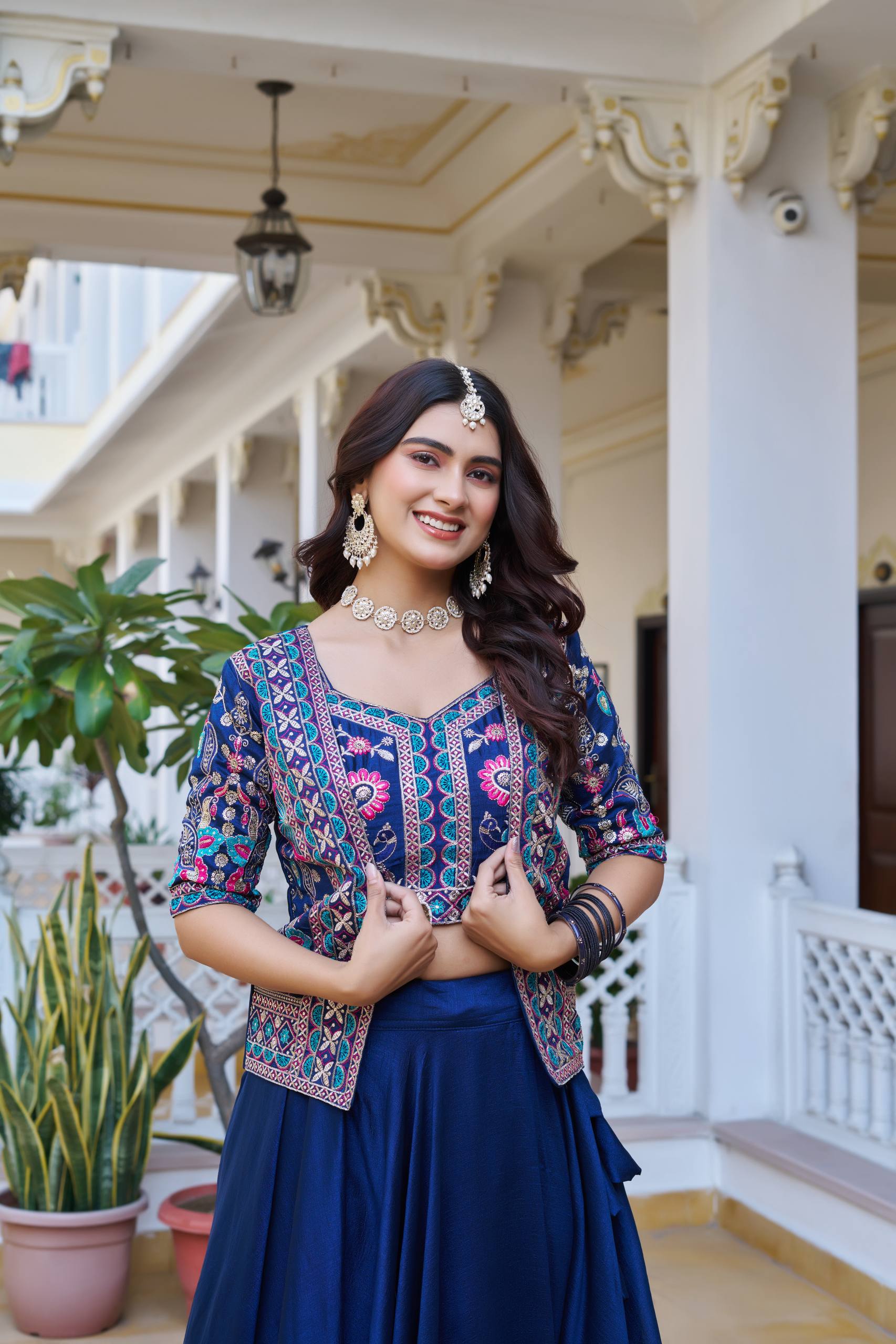 Devisha Blue Color Vichitra Silk Lehenga Choli with Embroidery Koti