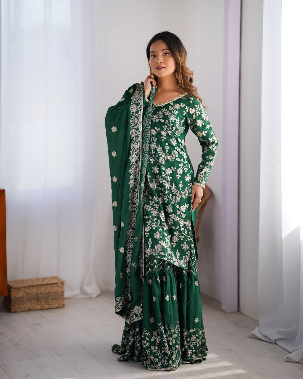 Agnija Green Chinon Silk Sharara Set