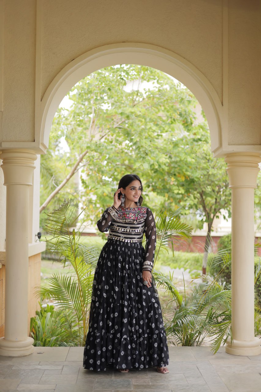 Lavanya Black Faux Georgette Bandhani Kutchi Patchwork Gown