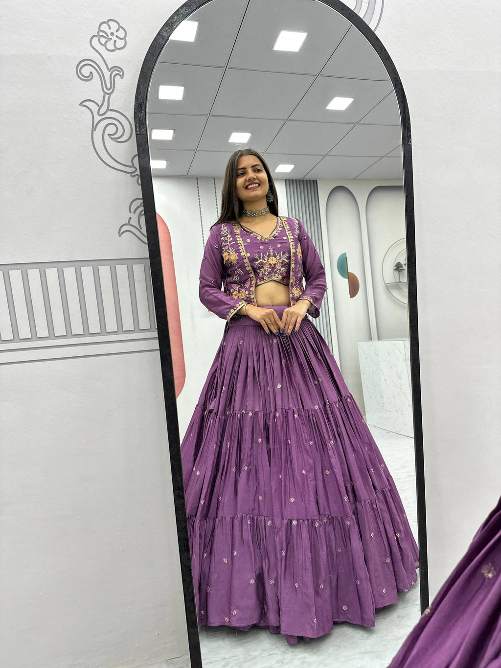 Purple chinon embroidered crop top lehenga with designer jacket