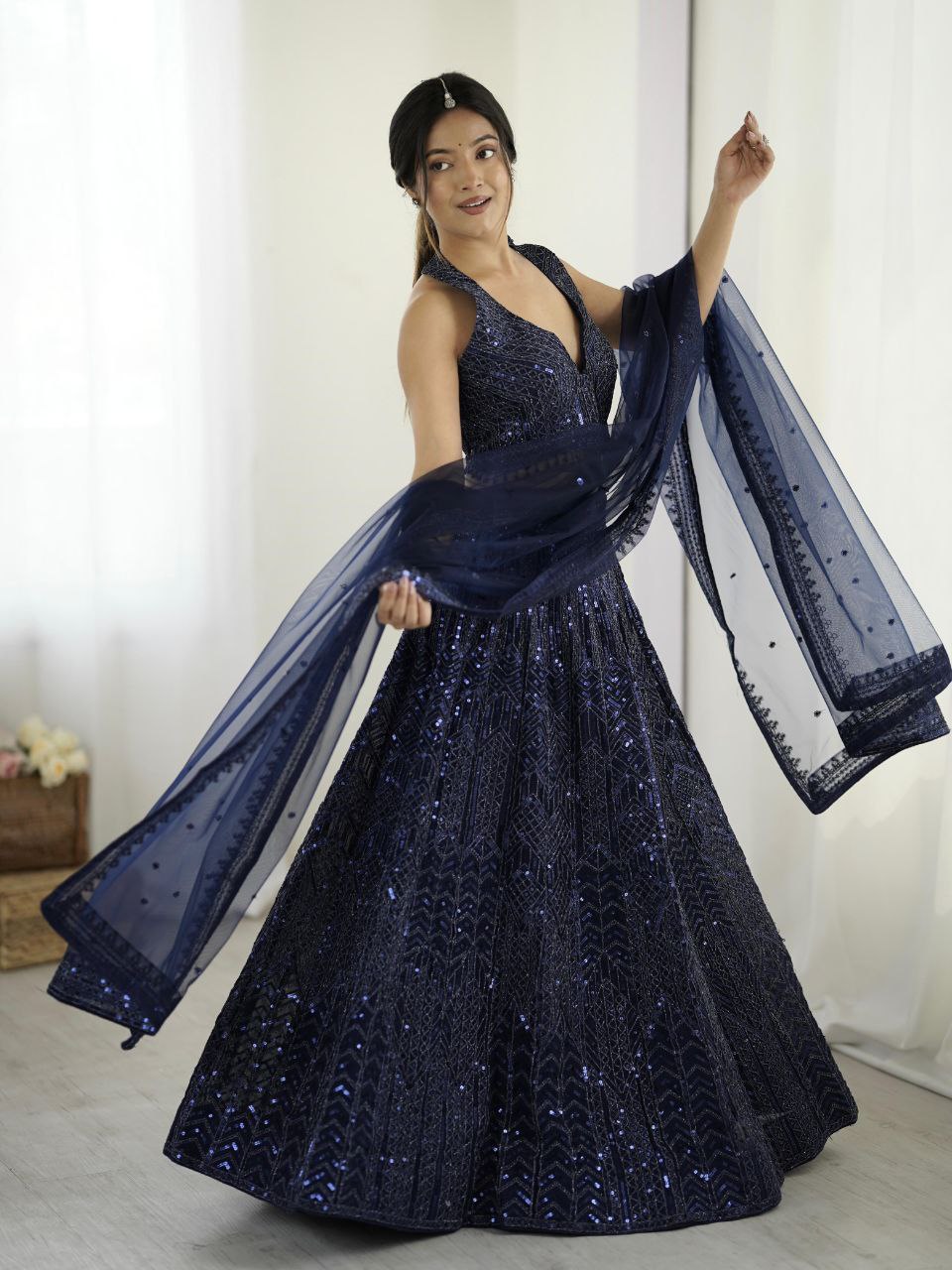 Navy blue georgette sequins and dori work lehenga choli with dupatta