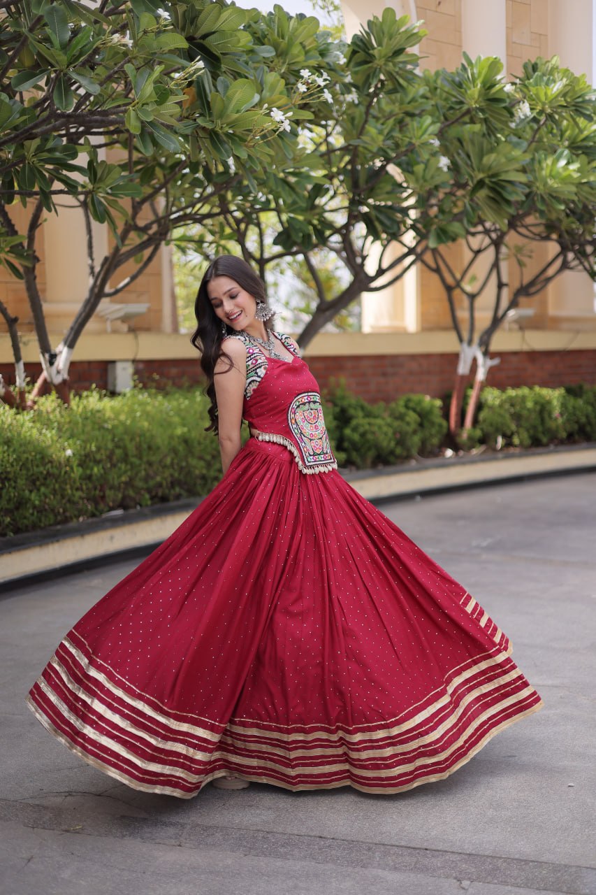 Yashvi Red Reyon Mukesh Patti Lace Lehenga Choli