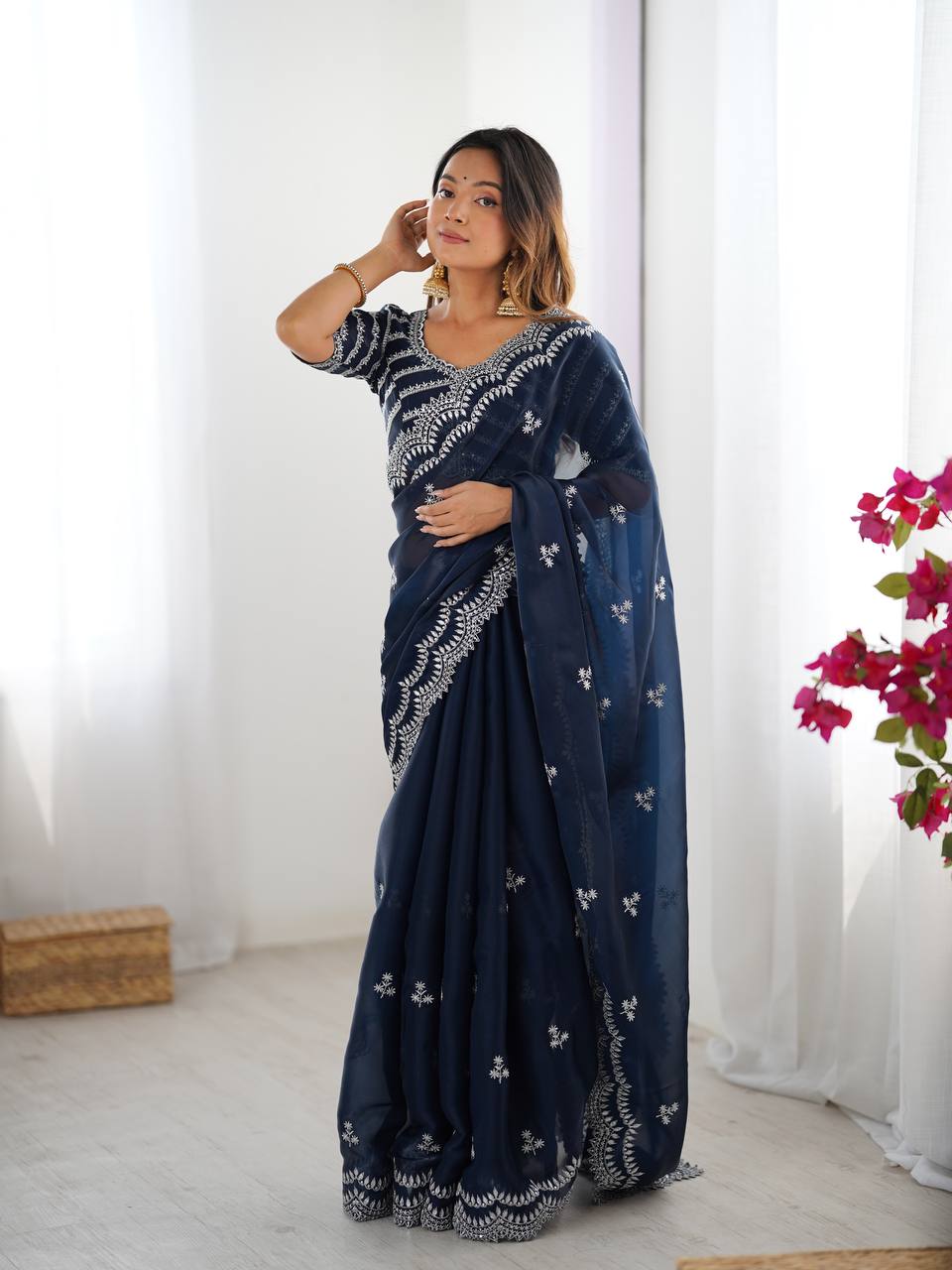 Navy blue Jimmy Choo fabric saree with thread & sequin embroidery, matching blouse—perfect for weddings, parties & festive occasions.