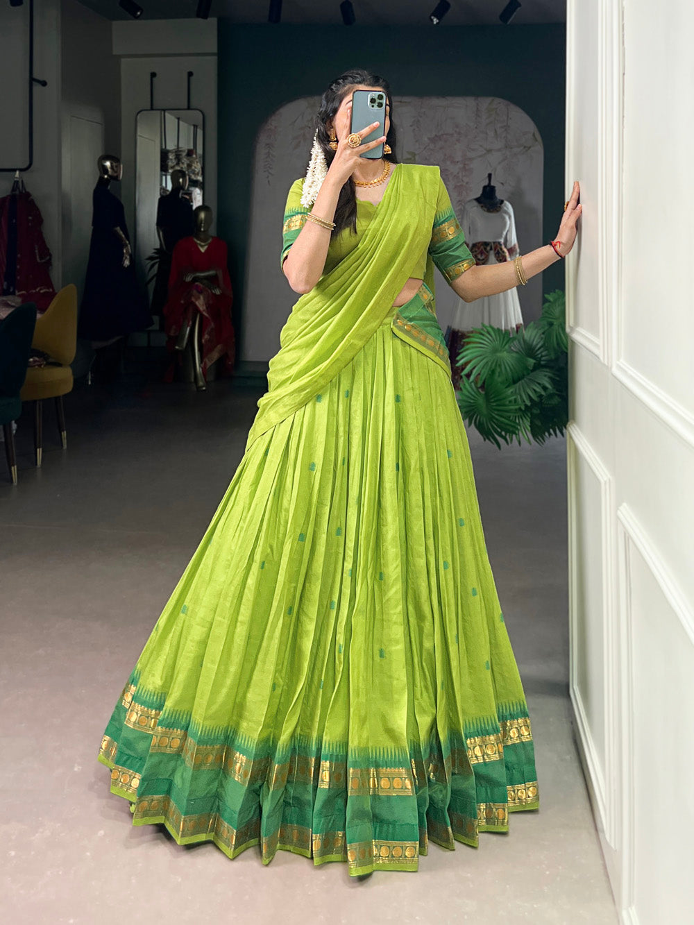 Green Chanderi Zari Weaving Work Half-Saree Lehenga
