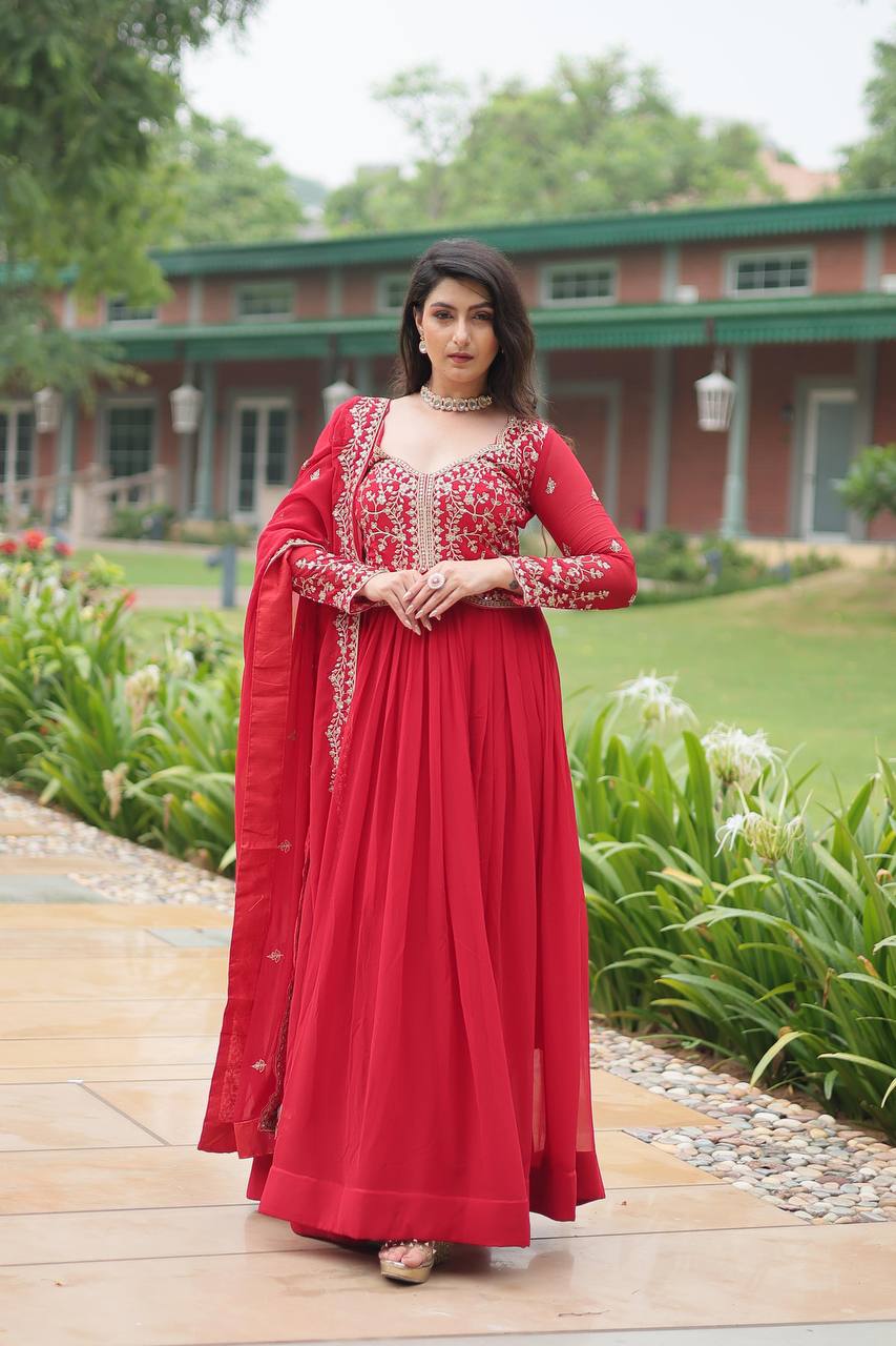 Parthavi Red Georgette Embroidered Anarkali Gown Set