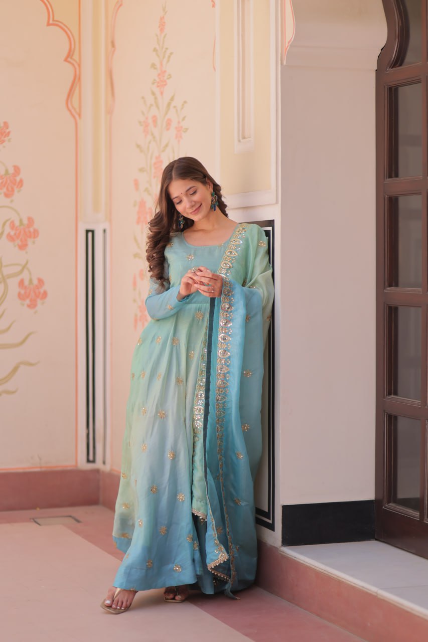 Sky blue organza flair sequins zari embroidery gown with dupatta