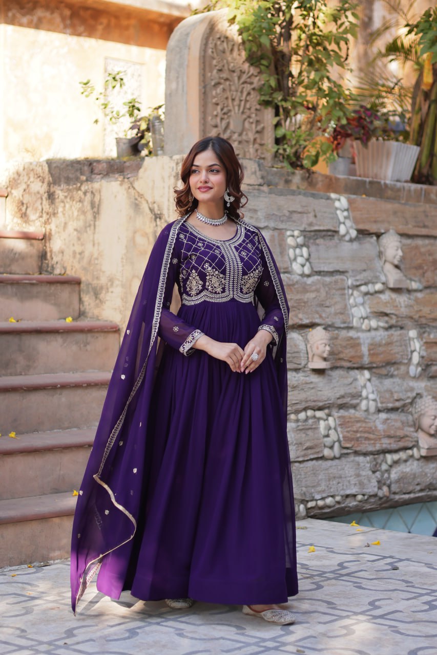 Chamvika Purple Designer Gown with Dupatta – party wear gown for women, long gown for wedding, Indian ethnic gown online, sequin embroidered gown, purple gown for reception, full sleeve gown dress, Indo western gown for girls, traditional Indian wear, stylish gown for engagement, readymade gown for festival, bridal gown with dupatta.