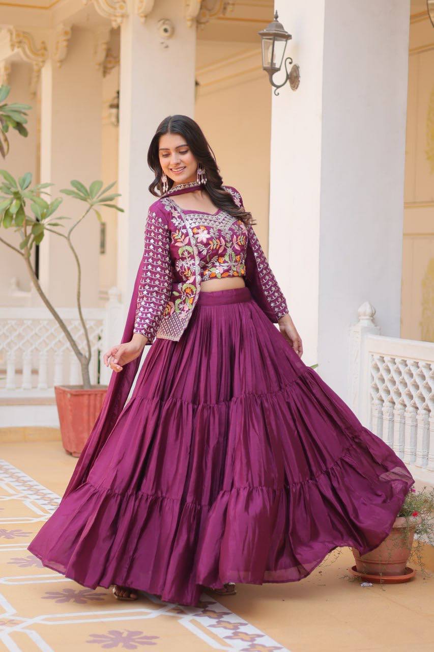 Maanvi purple festive wear embroidered lehenga choli with koti
