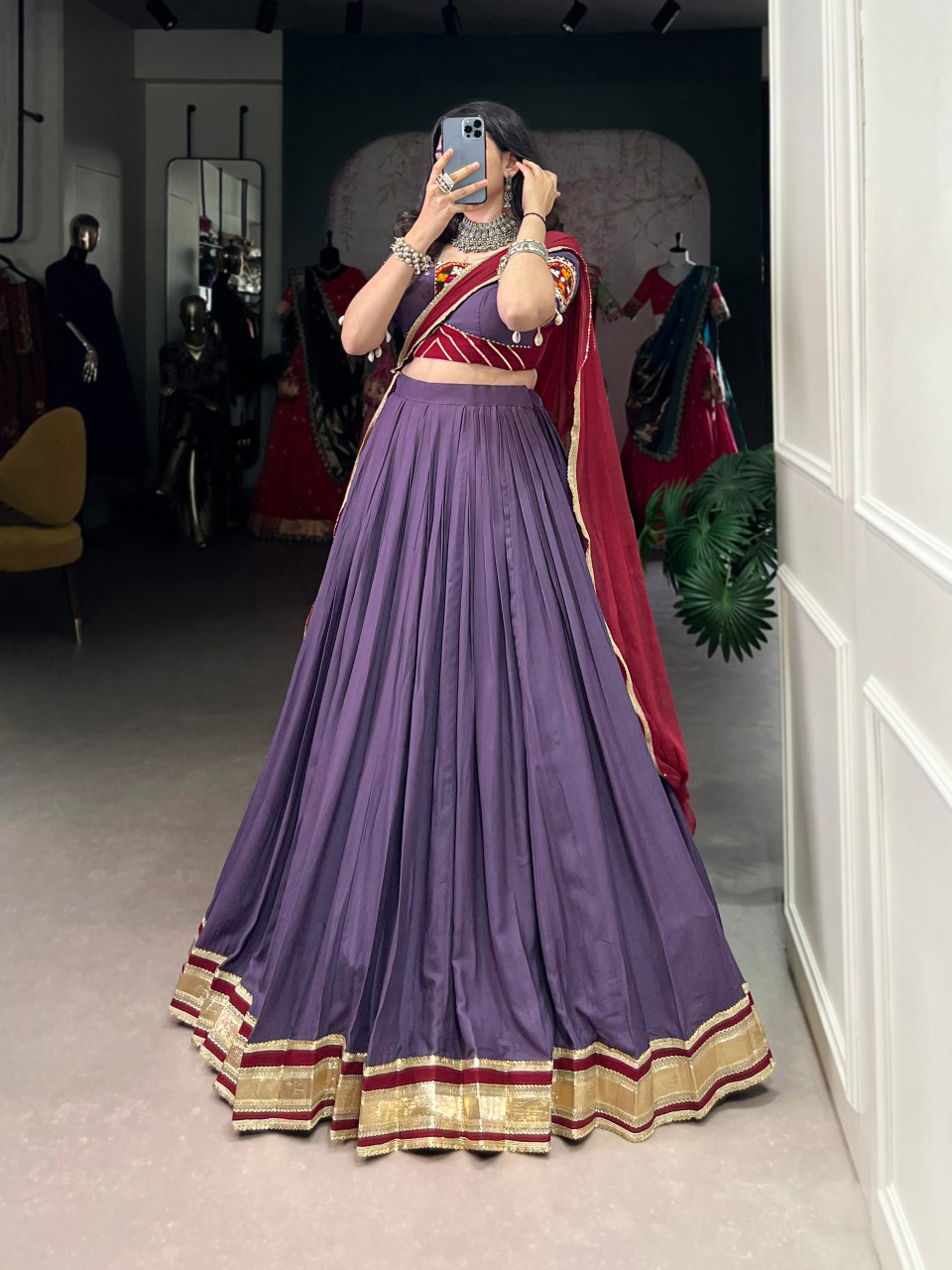Mauve purple rayon lehenga choli with mirror Gamthi embroidery and dupatta