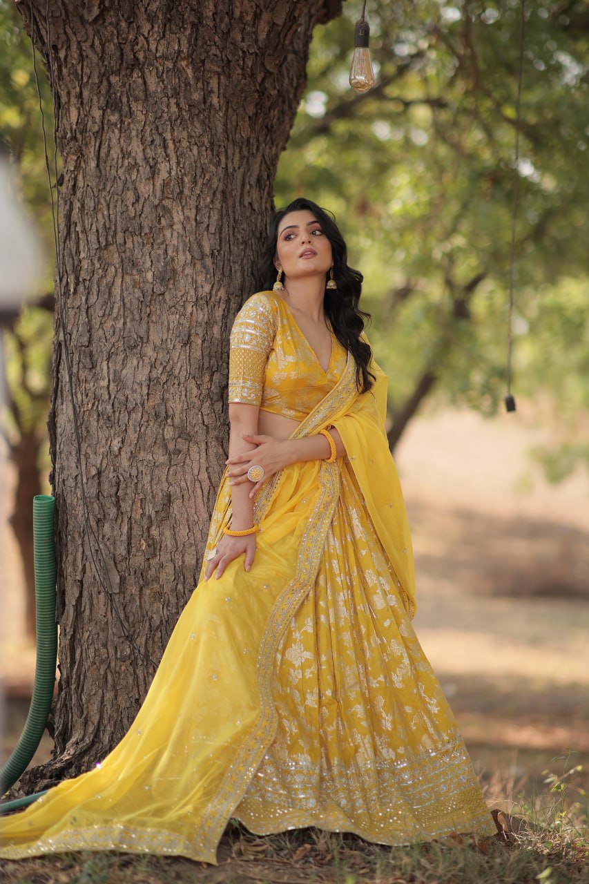 Pranshi yellow viscose jacquard lehenga choli set