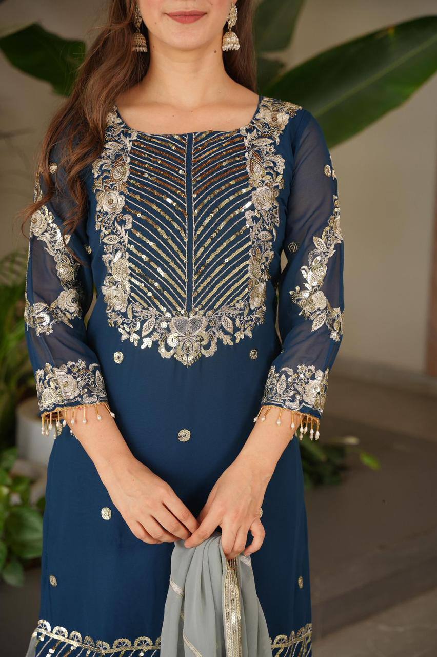 Blue Color Fox Georgette Embroidered Heavy Sequence Work Kurti Palazzo Set