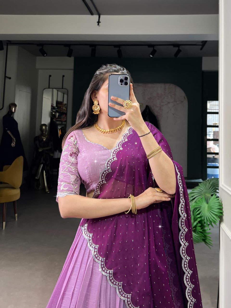 Lavender Silver Glossy Embroidered with Hotfix Work Lehenga Choli