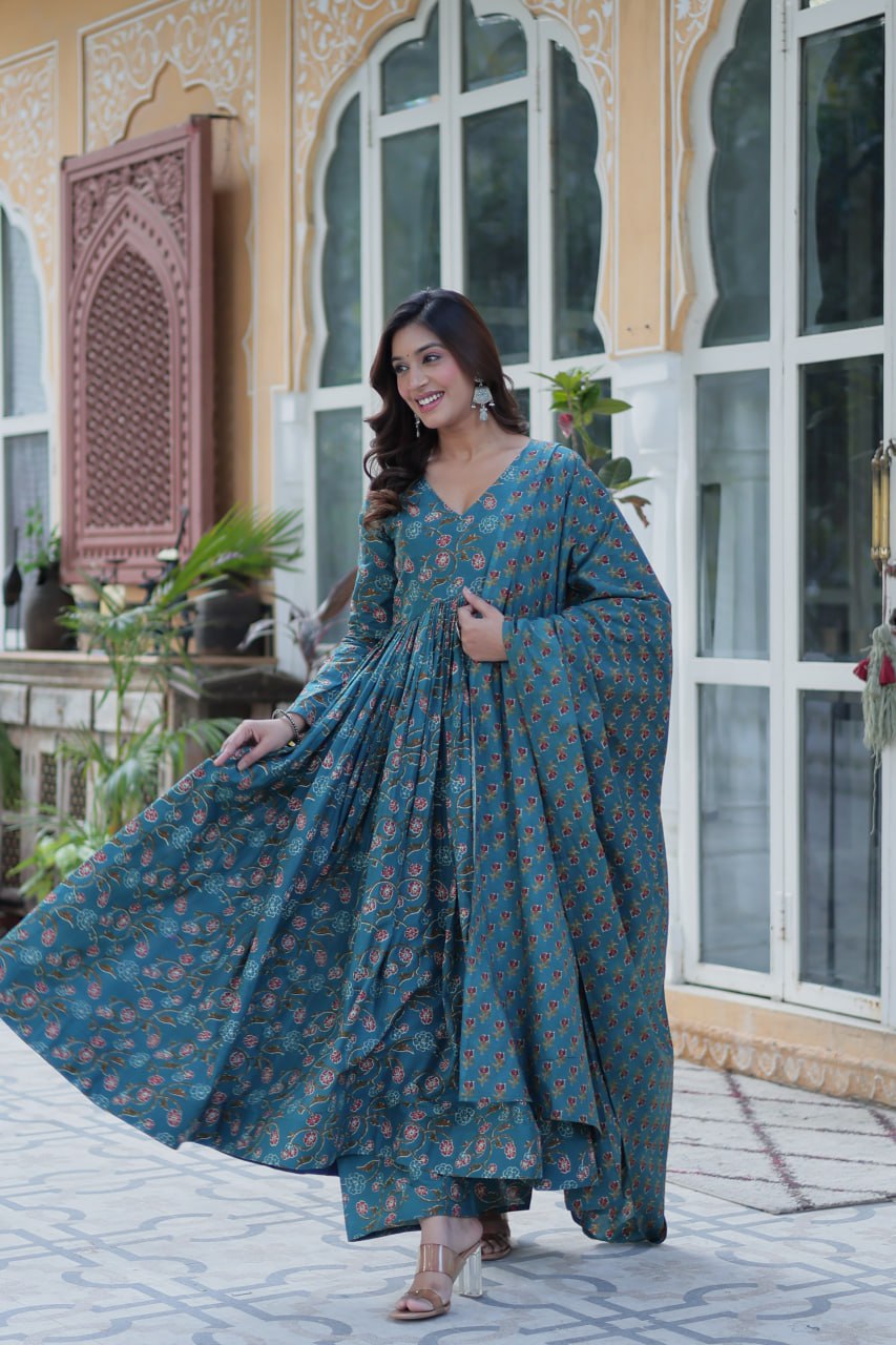 Blue pure cotton Anarkali suit set for women with soft dupatta, lightweight ethnic outfit featuring traditional block prints, flared kurta with matching pants, ideal for summer functions, daily Indian wear, office outfits, and casual ethnic fashion in breathable cotton fabric.
