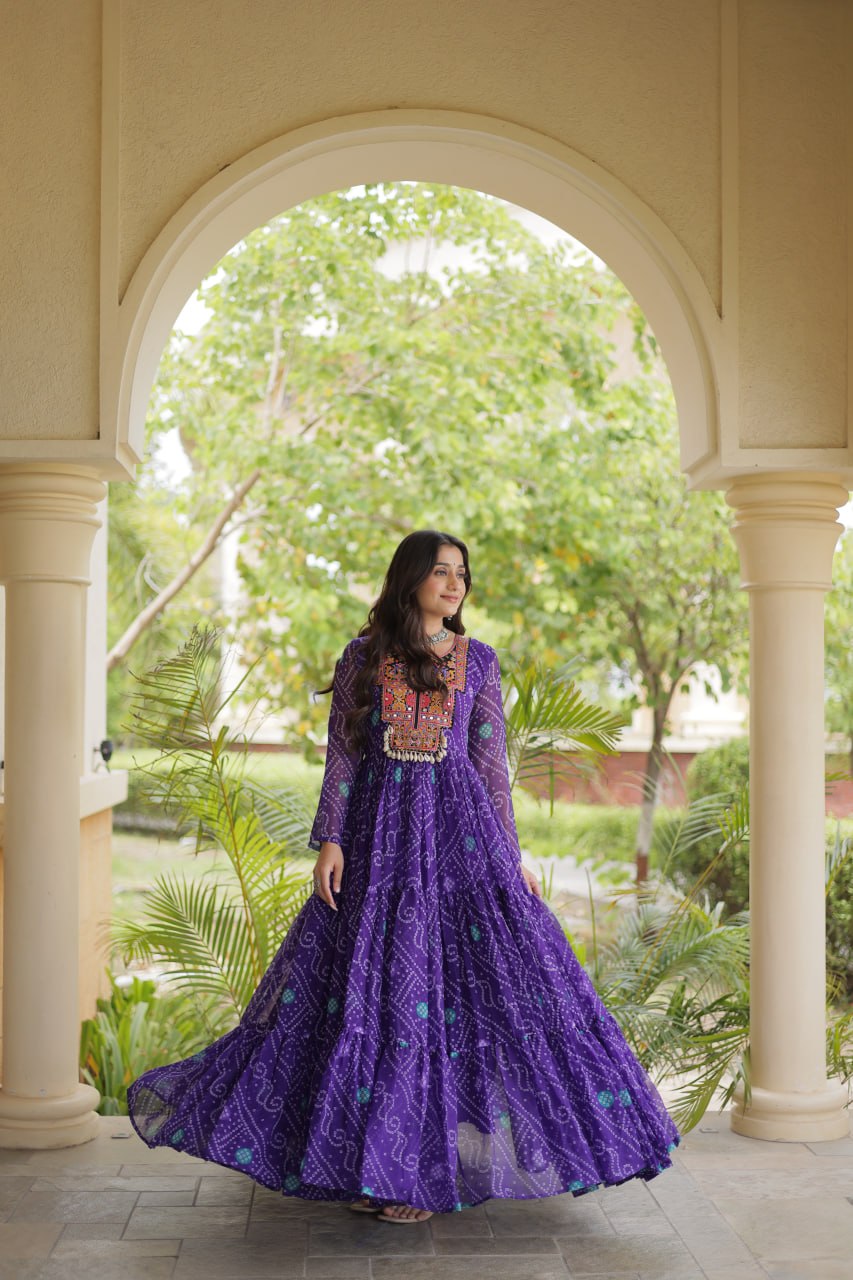 Ira Purple Faux Georgette Bandhani Kutchi Patchwork Gown
