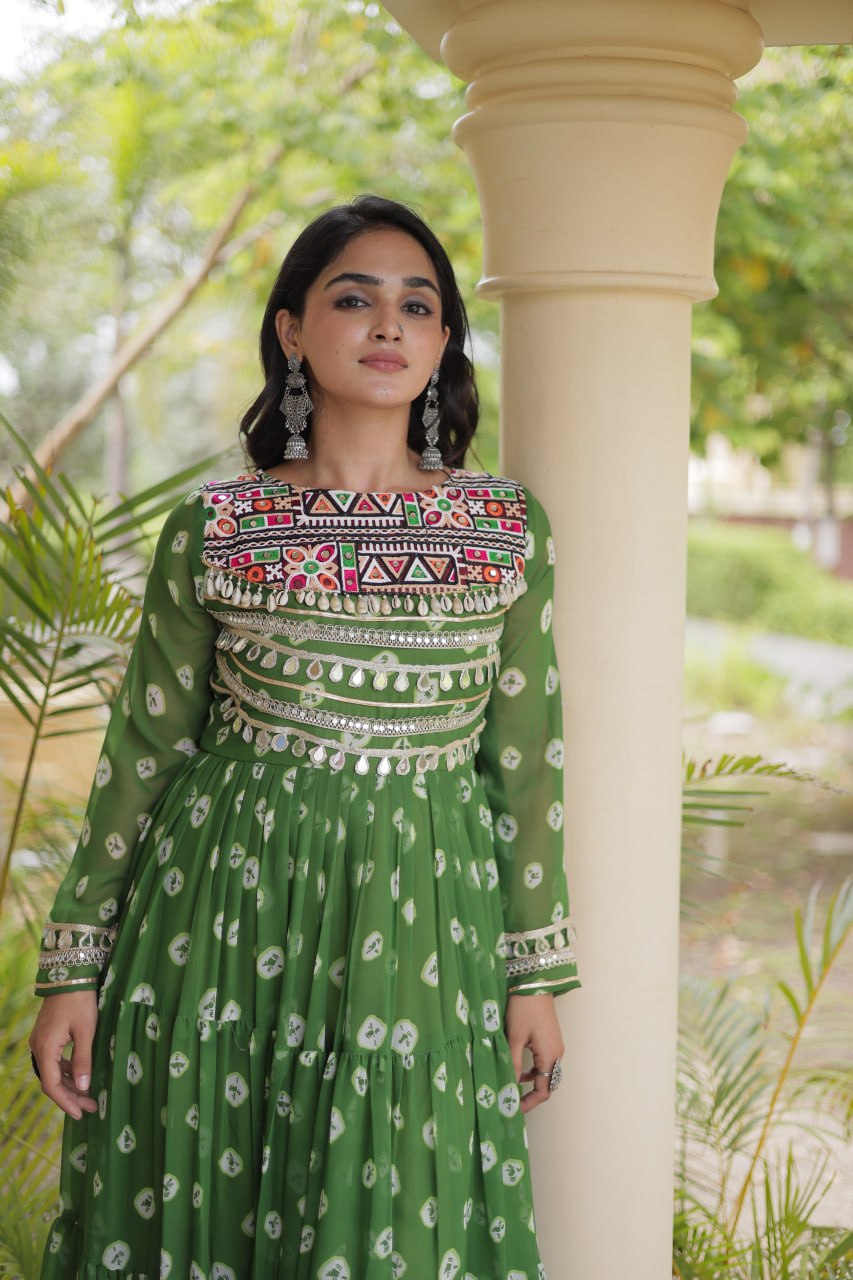 Lavanya Green Faux Georgette Bandhani Kutchi Patchwork Gown