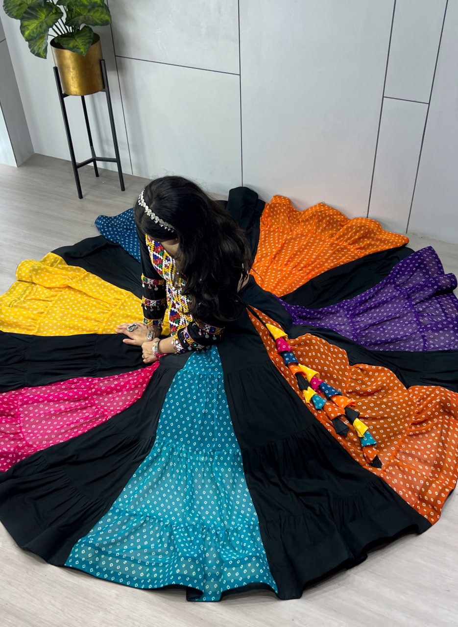 Black multicolor rayon cotton Bandhani print Kutchi mirror work top lehenga