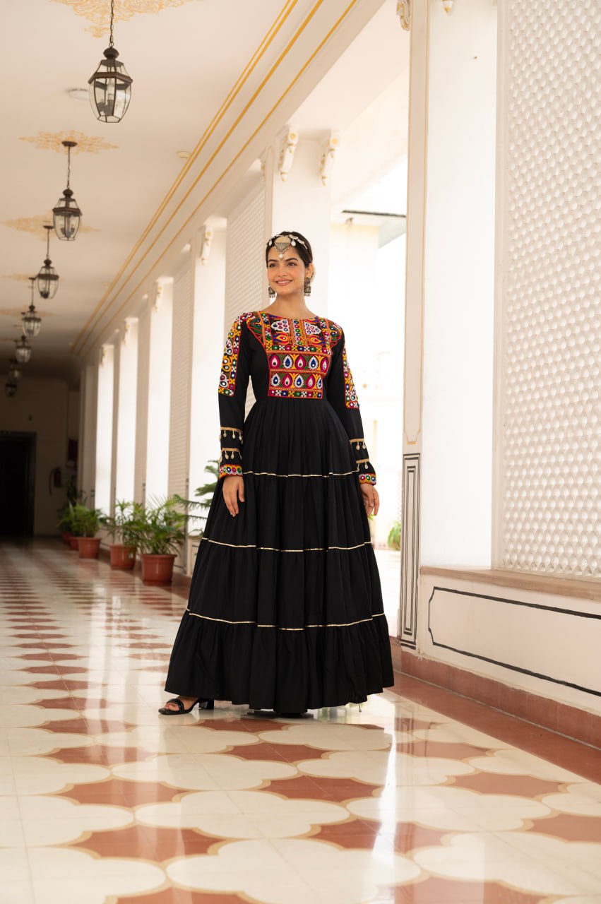 Black Kora Cotton Kutchi Gamthi Mirror Work and Kodi Lace Gown