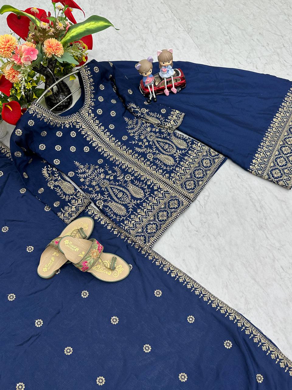 Enya Blue Color Chinon Embroidery Thread Sequence Work Kurti Palazzo Set