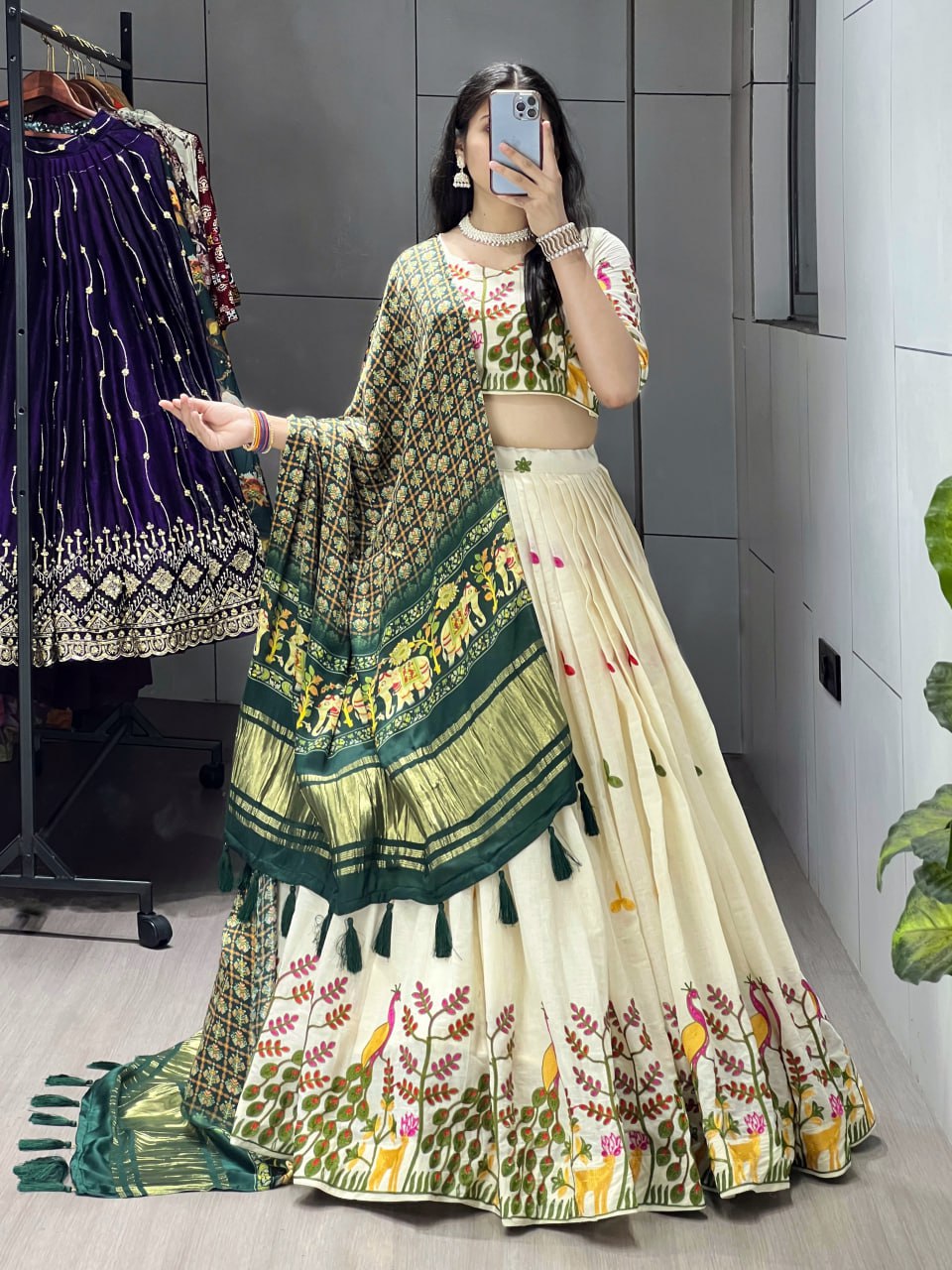 Off-white cotton embroidered lehenga with green Gaji silk dupatta