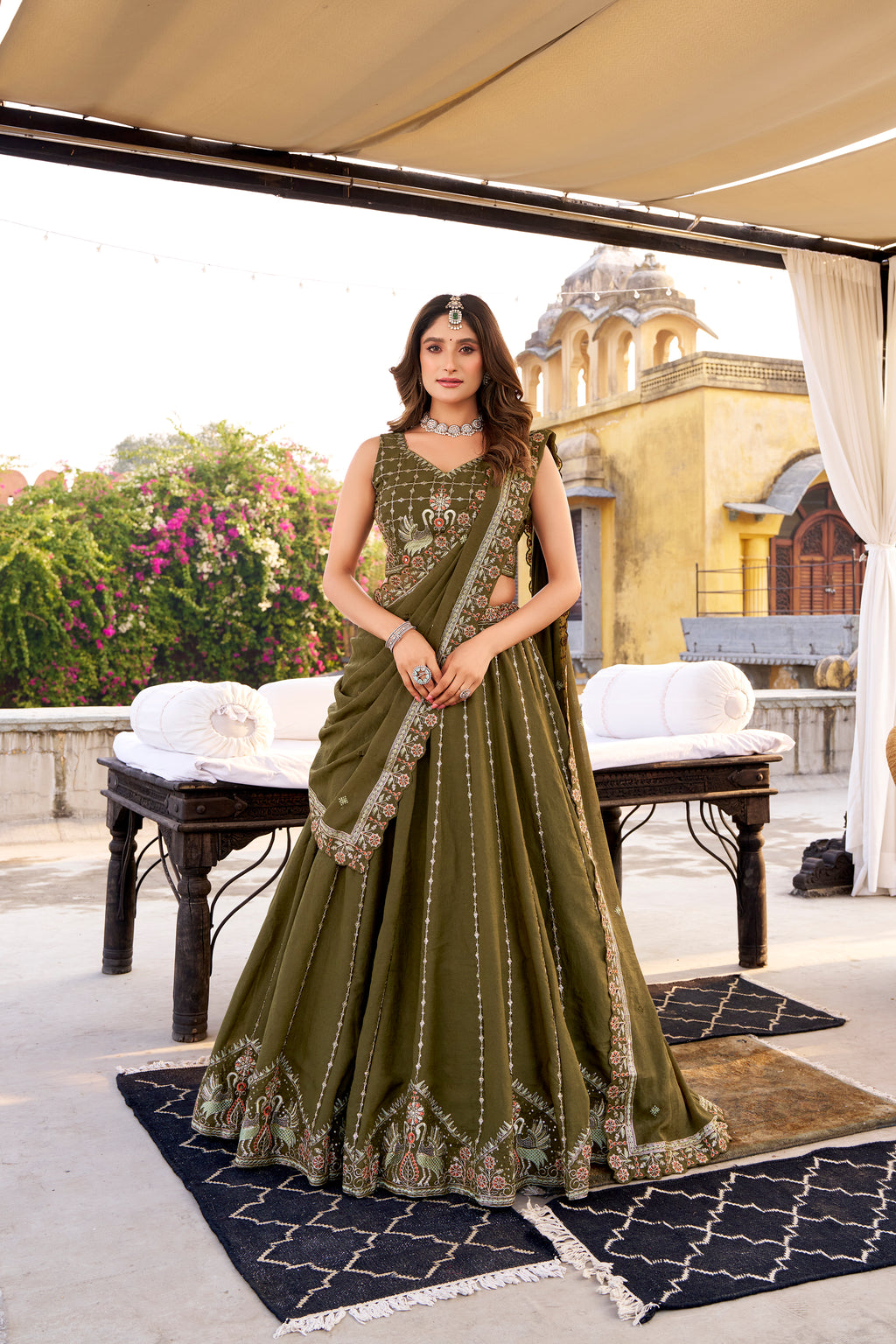 Zarakh Olive Green Crush Silk Sequins and Thread Embroidery Work Lehenga Choli