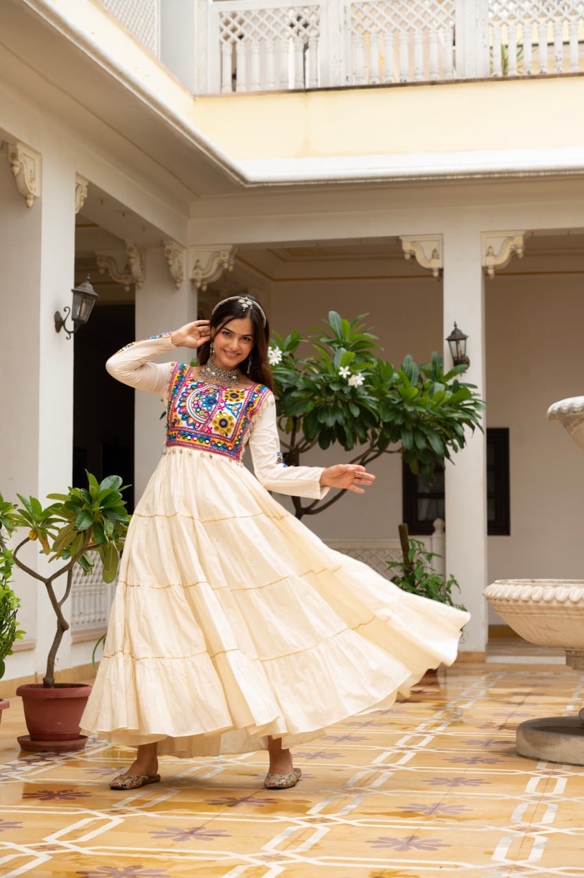 Off-White Kora Cotton Kutchi Gamthi Mirror Work and Kodi Lace Gown