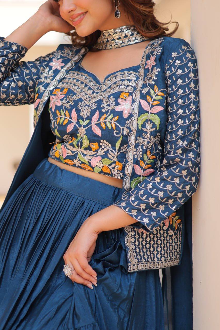 Blue chinon embroidered Maanvi designer lehenga choli koti outfit