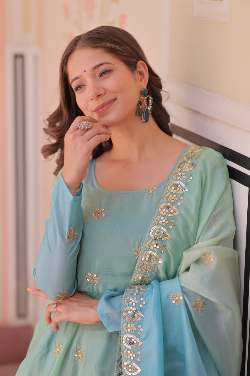 Sky blue organza flair sequins zari embroidery gown with dupatta