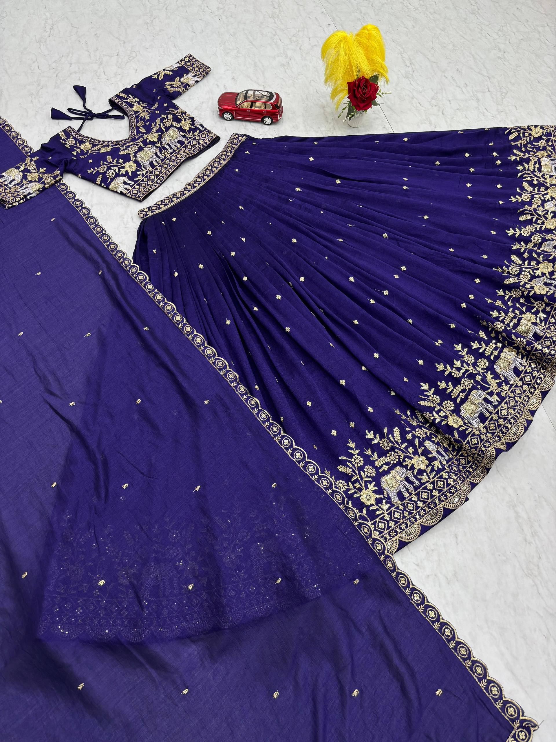 Gopi Navy Blue Vichitra Silk Embroidery Sequins Thread Work Lehenga Choli