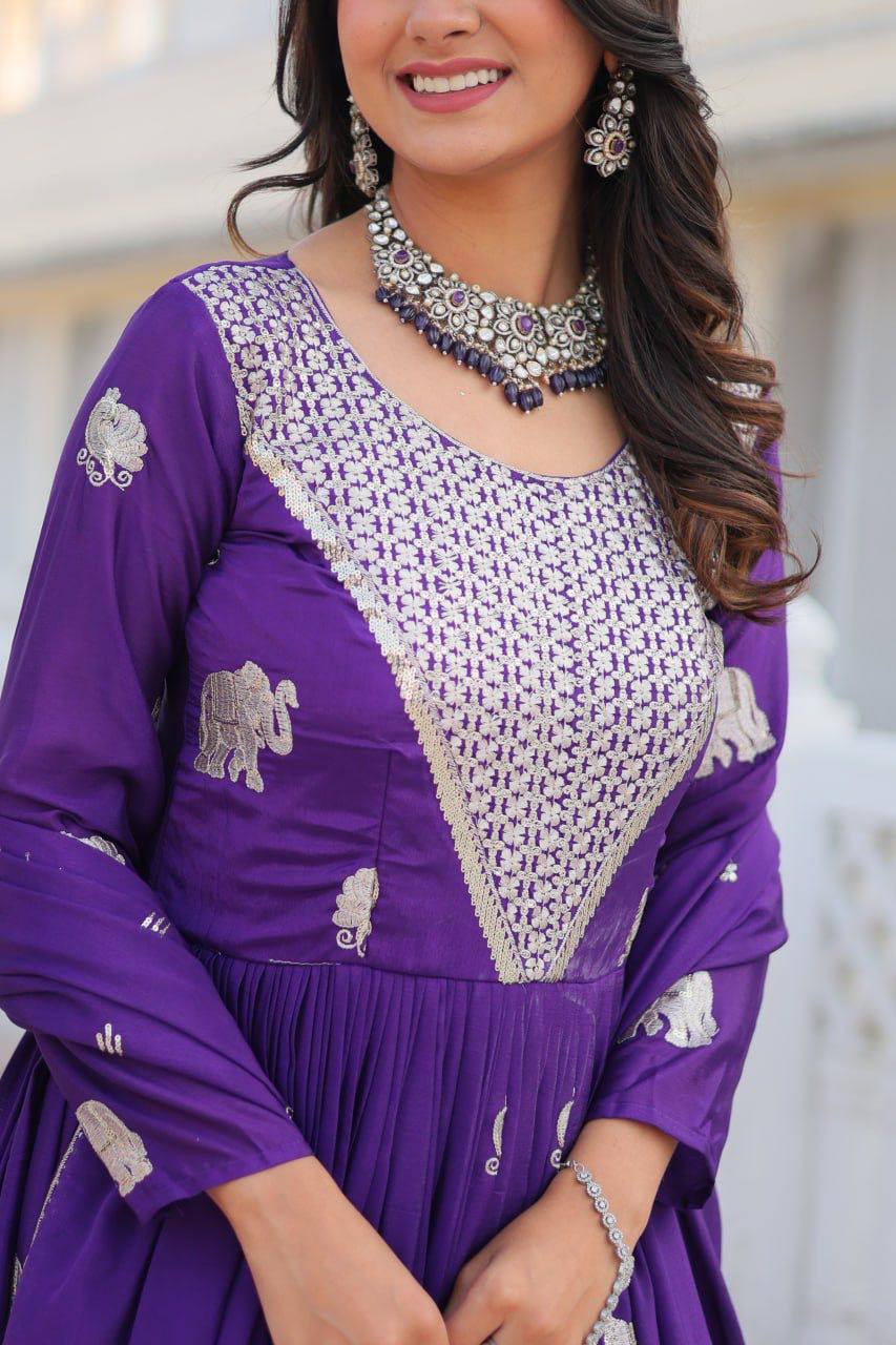 Veronika Purple Georgette Embroidered Anarkali Gown Set