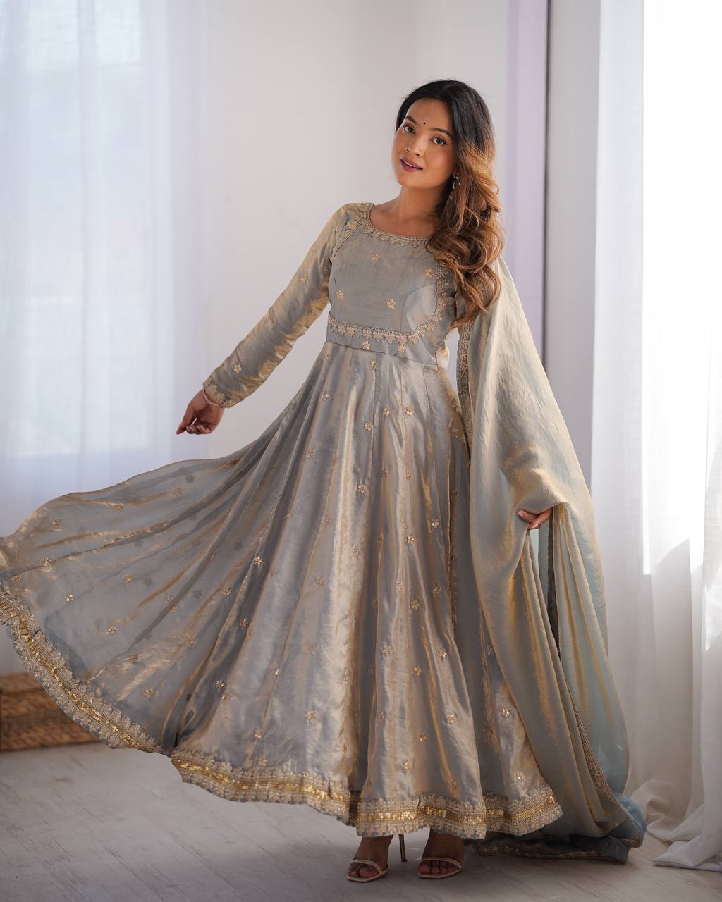 Neelika Grey Anarkali Suit Set – grey designer Anarkali suit for women, embroidered gown with dupatta, plus size ethnic wear, Fandy silk partywear Anarkali, traditional Indian gown set, ready to wear festive outfit, sequin and coding embroidery suit, fully stitched Anarkali gown, wedding guest ethnic dress, elegant Indian party gown for Mehendi and Sangeet.