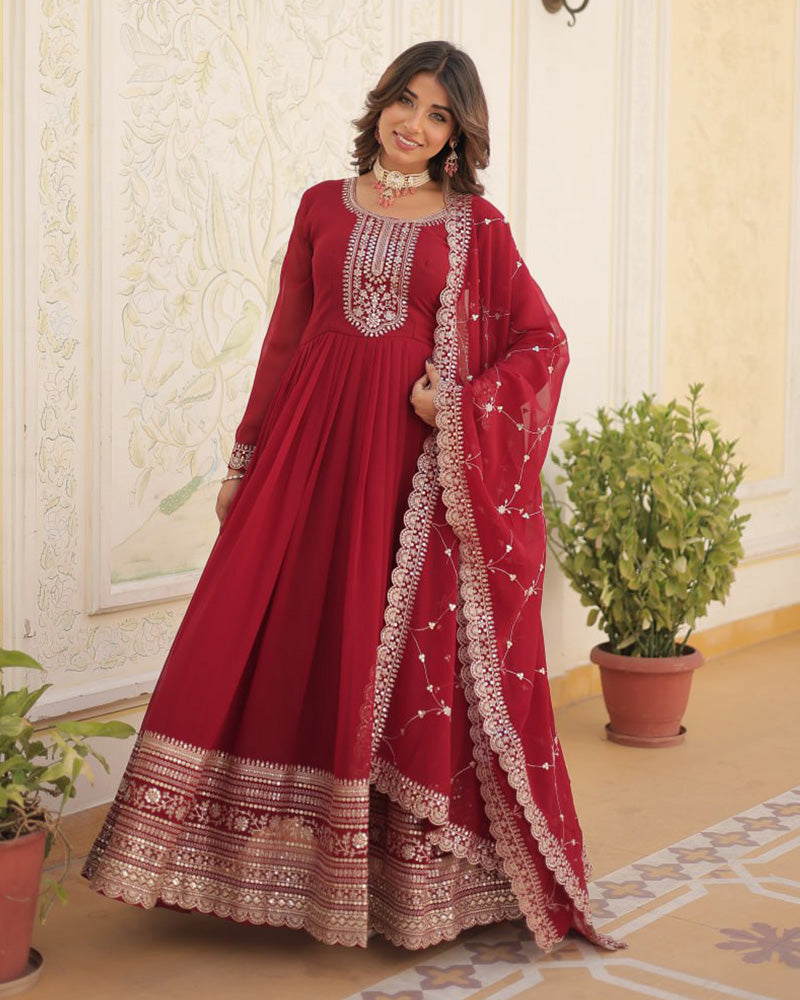 Vasundhara faux blooming red anarkali gown suit set
