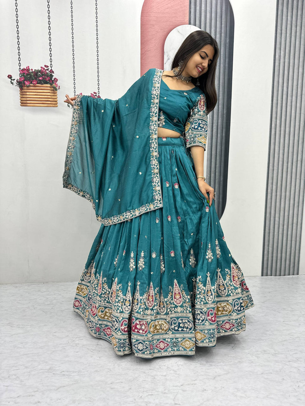 Raji Teal Green Vichitra Silk Embroidery Sequins Thread Work Lehenga Choli with Dupatta
