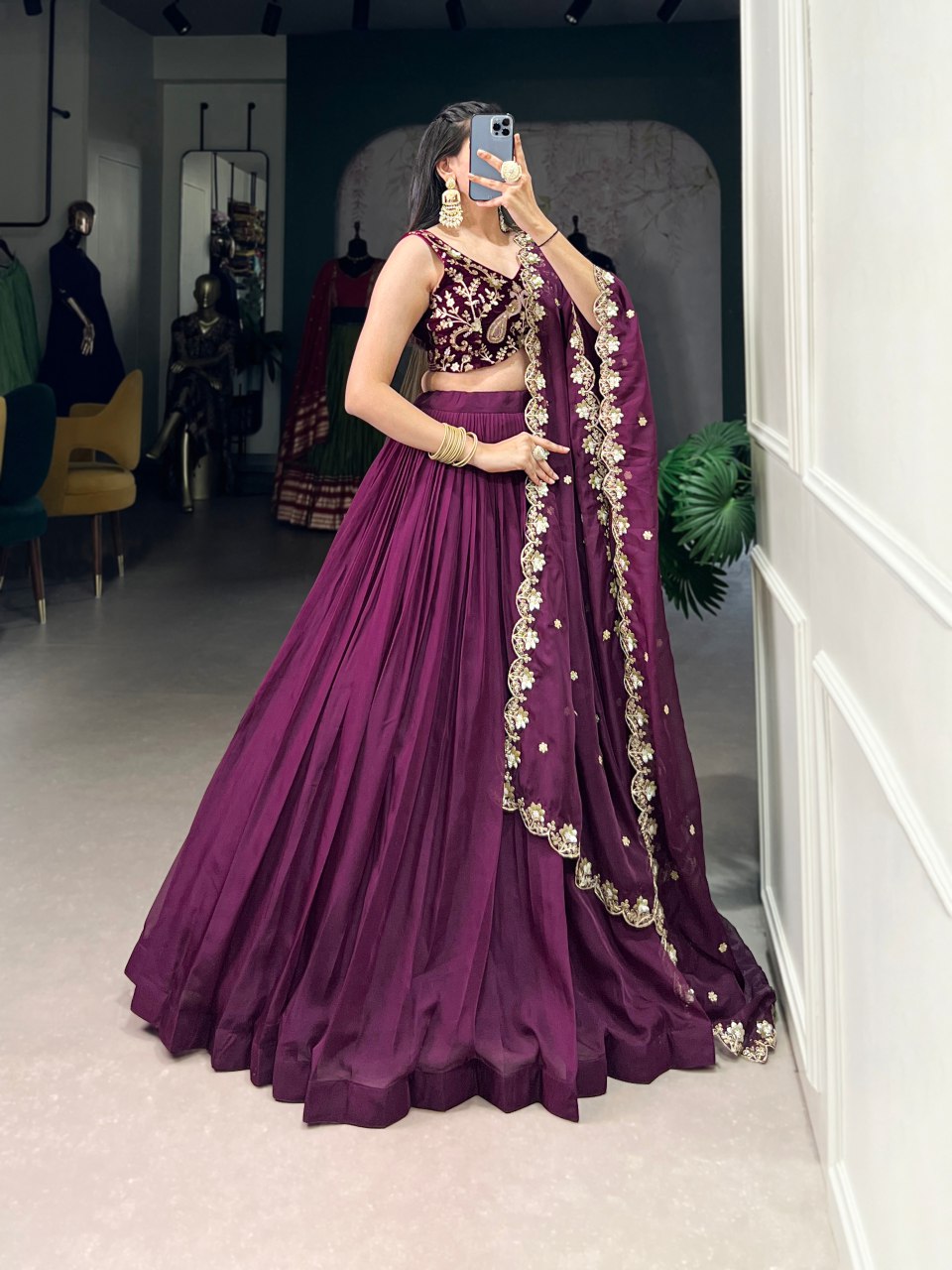Purple organza silk lehenga with velvet embroidered blouse and dupatta