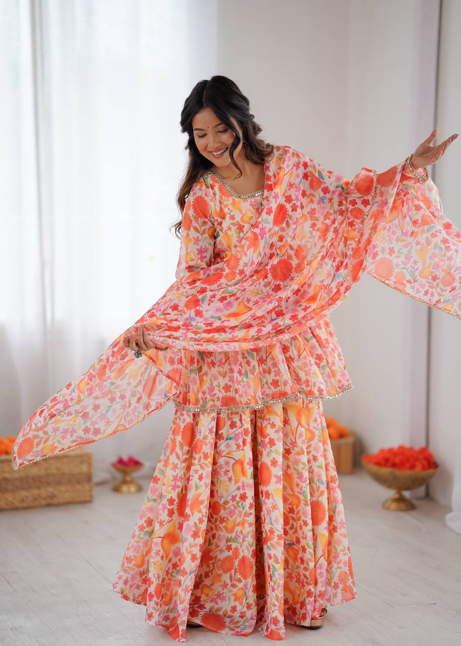 Orange Color Pure Soft Taby Organza Floral Print Kediya Kurta Set