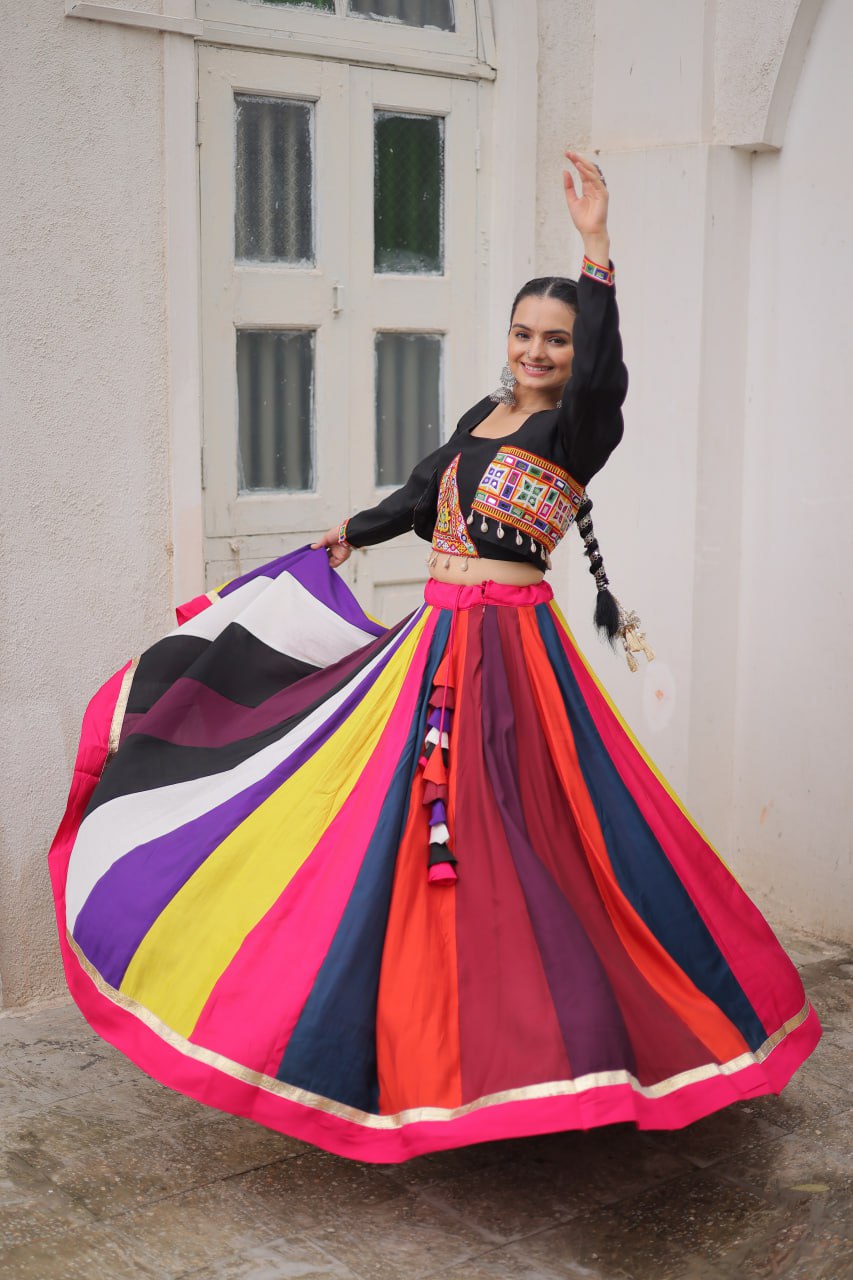 Multicolor Pure Rayon Navratri Lehenga Choli with Koti Style Blouse