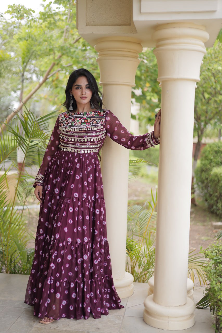 Lavanya Purple Faux Georgette Bandhani Kutchi Patchwork Gown