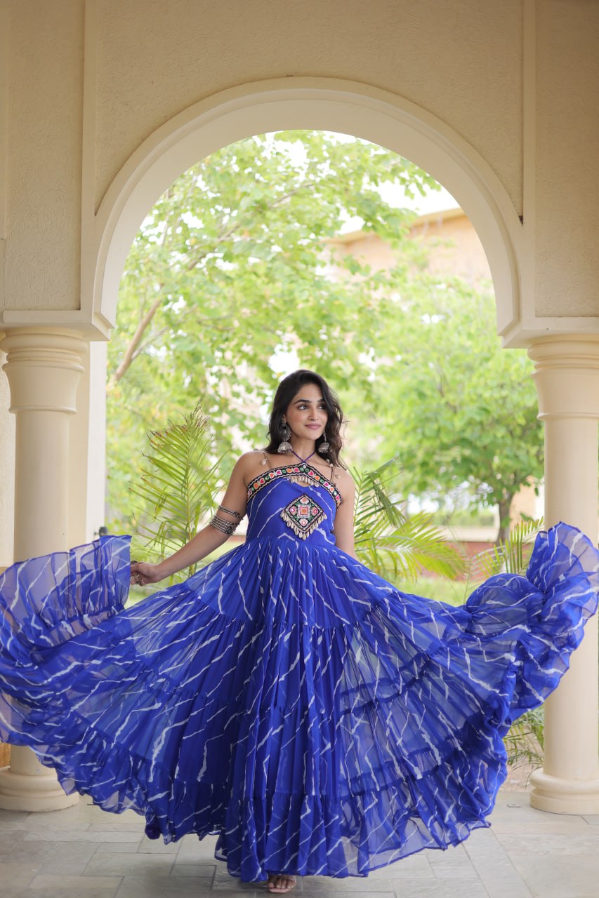 Bhavna Blue Faux Georgette Laheriya Kutchi Patchework Gown